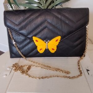Black Quilted Clutch with Yellow Butterfly Accent
